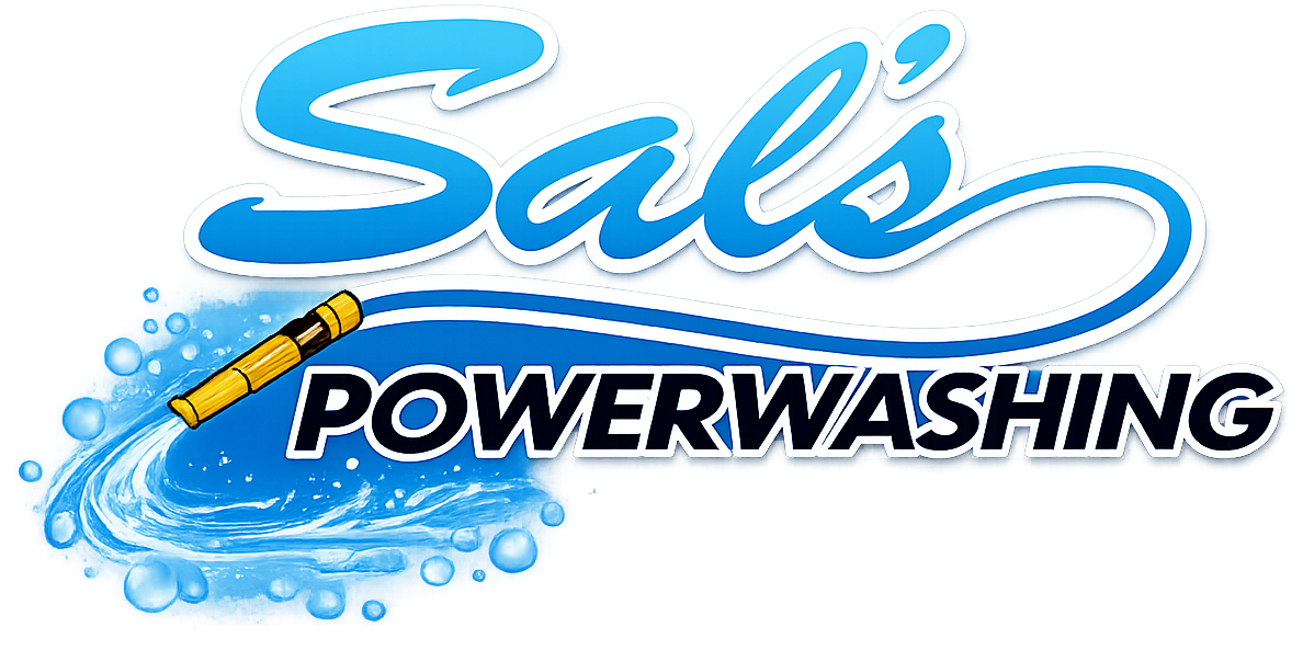Sal’s Powerwashing logo in blue and black with a yellow pressure washer wand and water splash