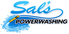Sal’s Powerwashing logo in blue and black with a yellow pressure washer wand and water splash