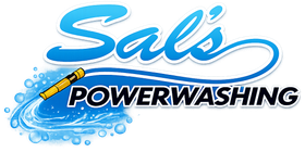 Sal’s Powerwashing logo in blue and black with a yellow pressure washer wand and water splash