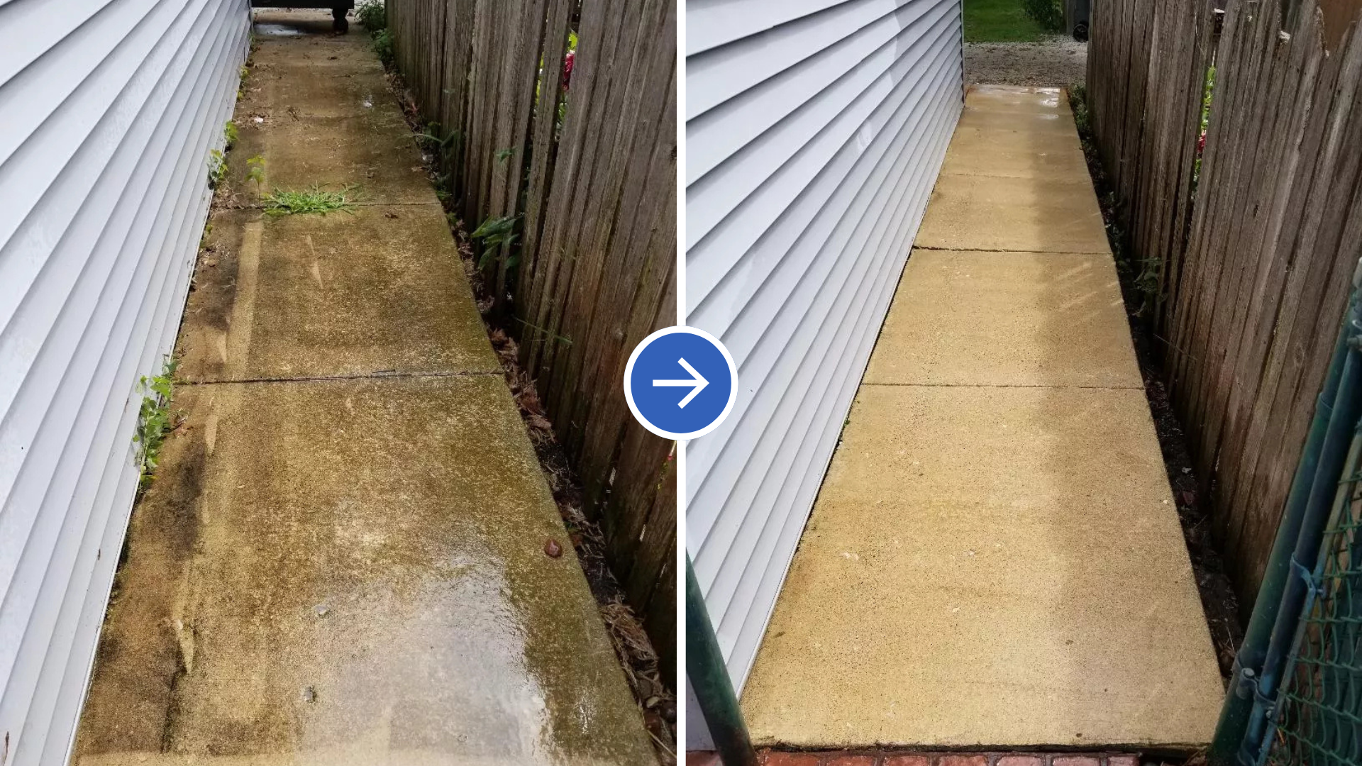 Before-and-after view of a narrow concrete side yard, stained on the left and freshly cleaned on the right.