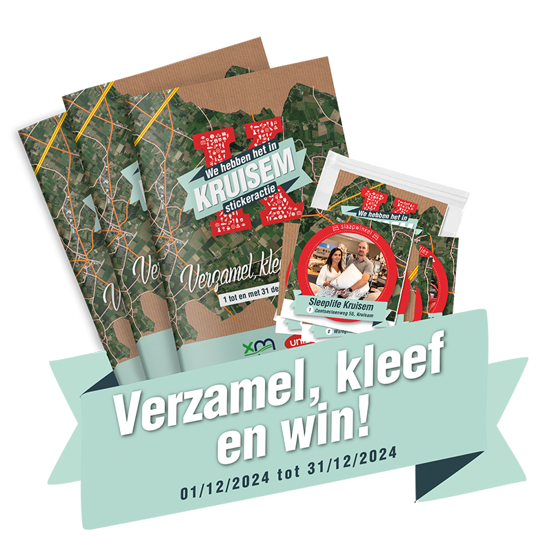 Een bordje met de tekst 'verzamelen, plakken en winnen' erop