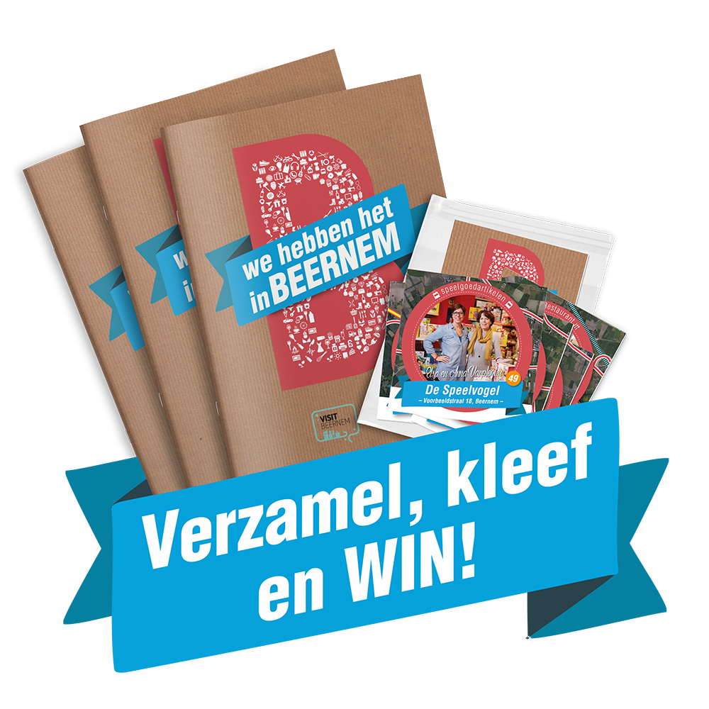 Een bordje met de tekst 'verzamel kleef en win' erop