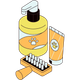 An isometric illustration of pet grooming supplies: a yellow pump bottle, an orange tube, and a wooden brush, all with paws.