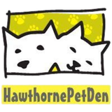 Logo for Hawthorne Pet Den featuring a stylized white cat and dog illustration on a yellow, paw-print patterned background.