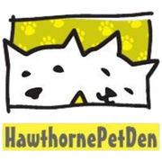 Logo for Hawthorne Pet Den: two white cat/dog faces on a yellow background with paw prints and the text underneath.