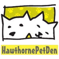 Logo for Hawthorne Pet Den: two white cat/dog faces on a yellow background with paw prints and the text underneath.
