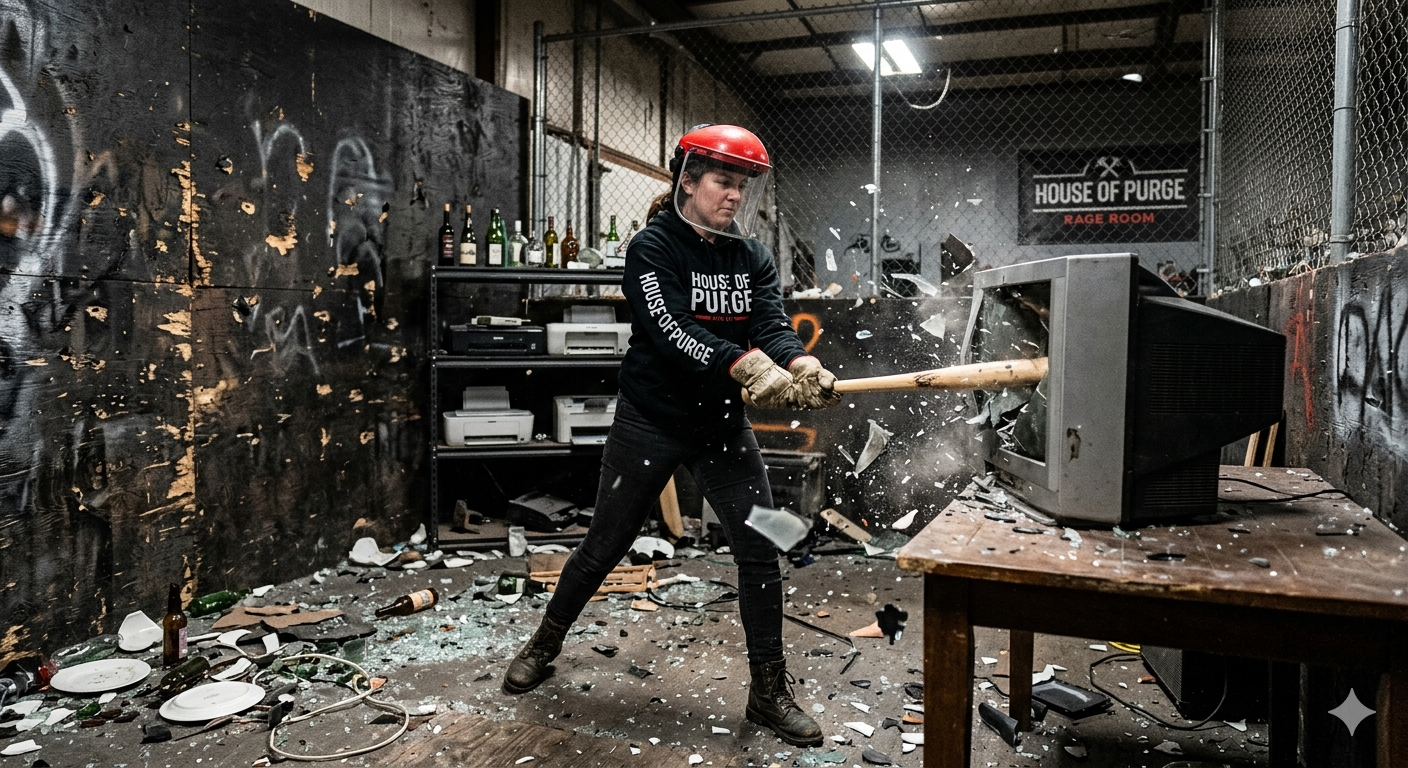 Person in red helmet swings a bat into a tv screen in a cluttered indoor rage room warehouse, sending glass flying.