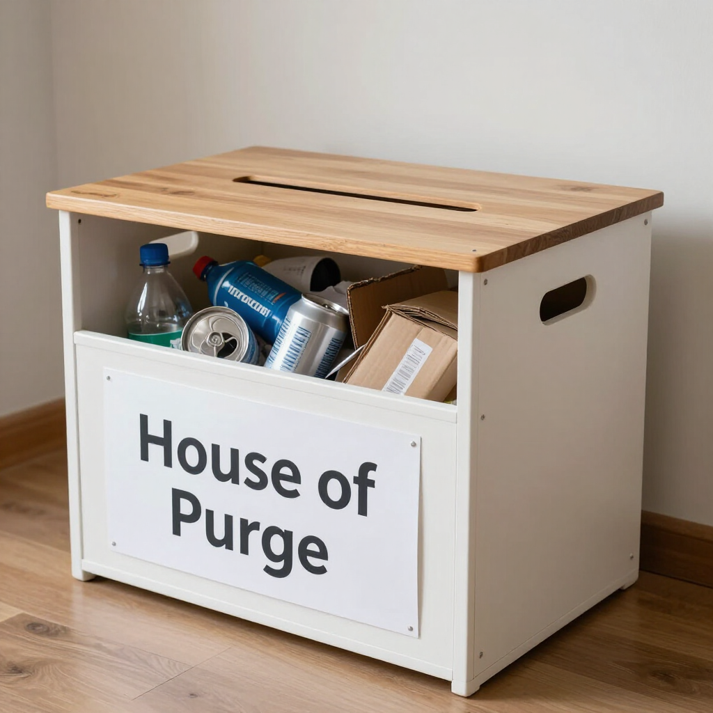 White wooden box with a slatted lid labeled “House of Purge,” filled with assorted recycling items.
