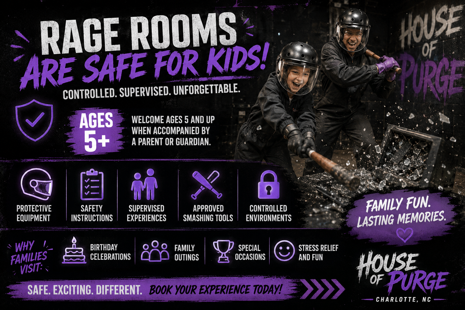 Family rage room in Charlotte NC with parent and child safely smashing objects at House of Purge.