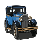 Auto d'epoca blu e nera con finiture e griglia beige, mostrata su sfondo bianco.