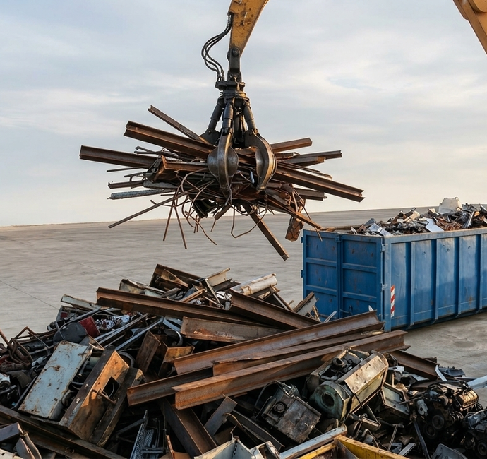 Un escavatore solleva rottami metallici accanto a un cassonetto blu in una discarica in riva al mare.