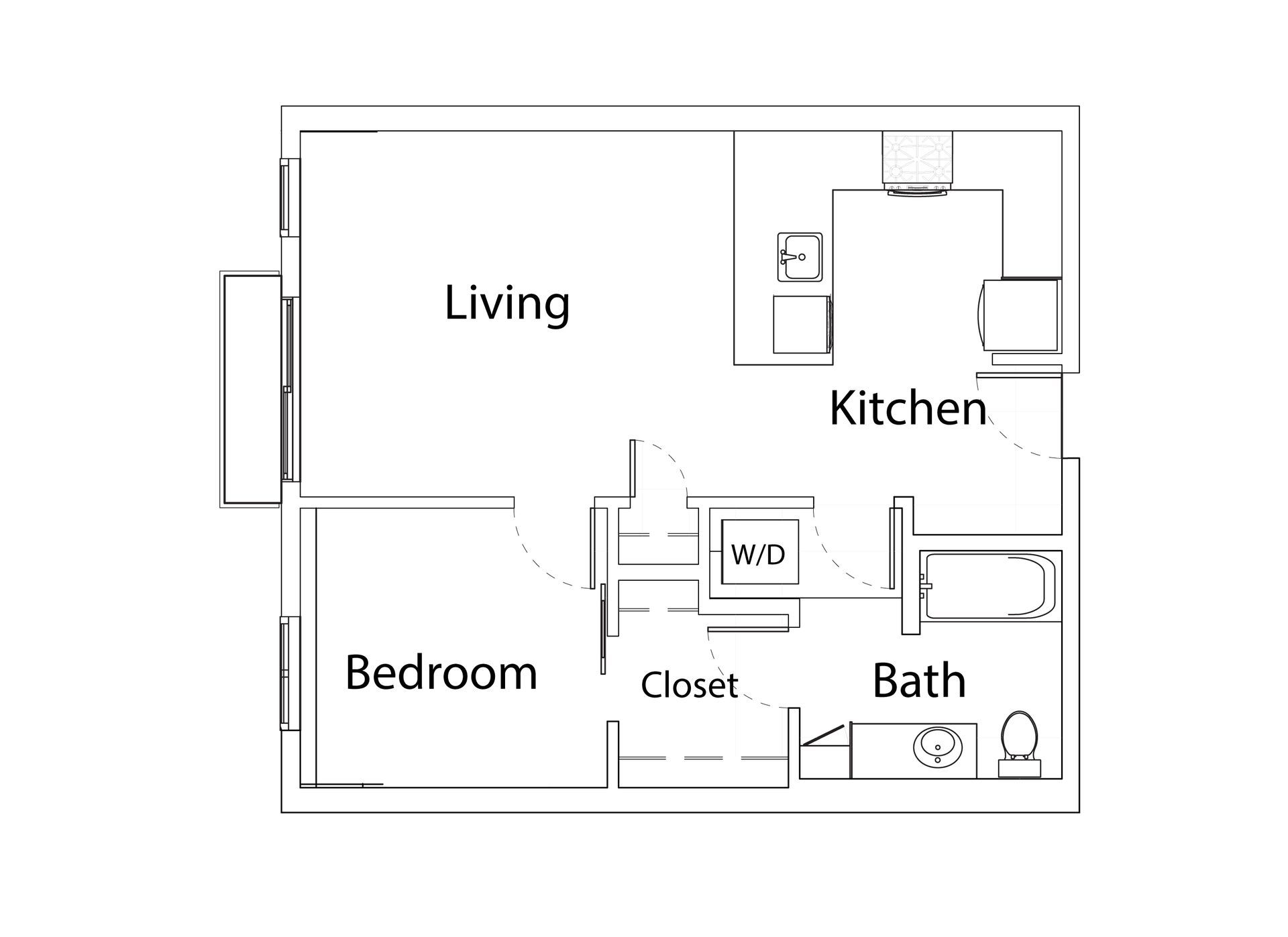 Apartment floor plan with living room, bedroom, kitchen, closet, and bath labeled in black and white.