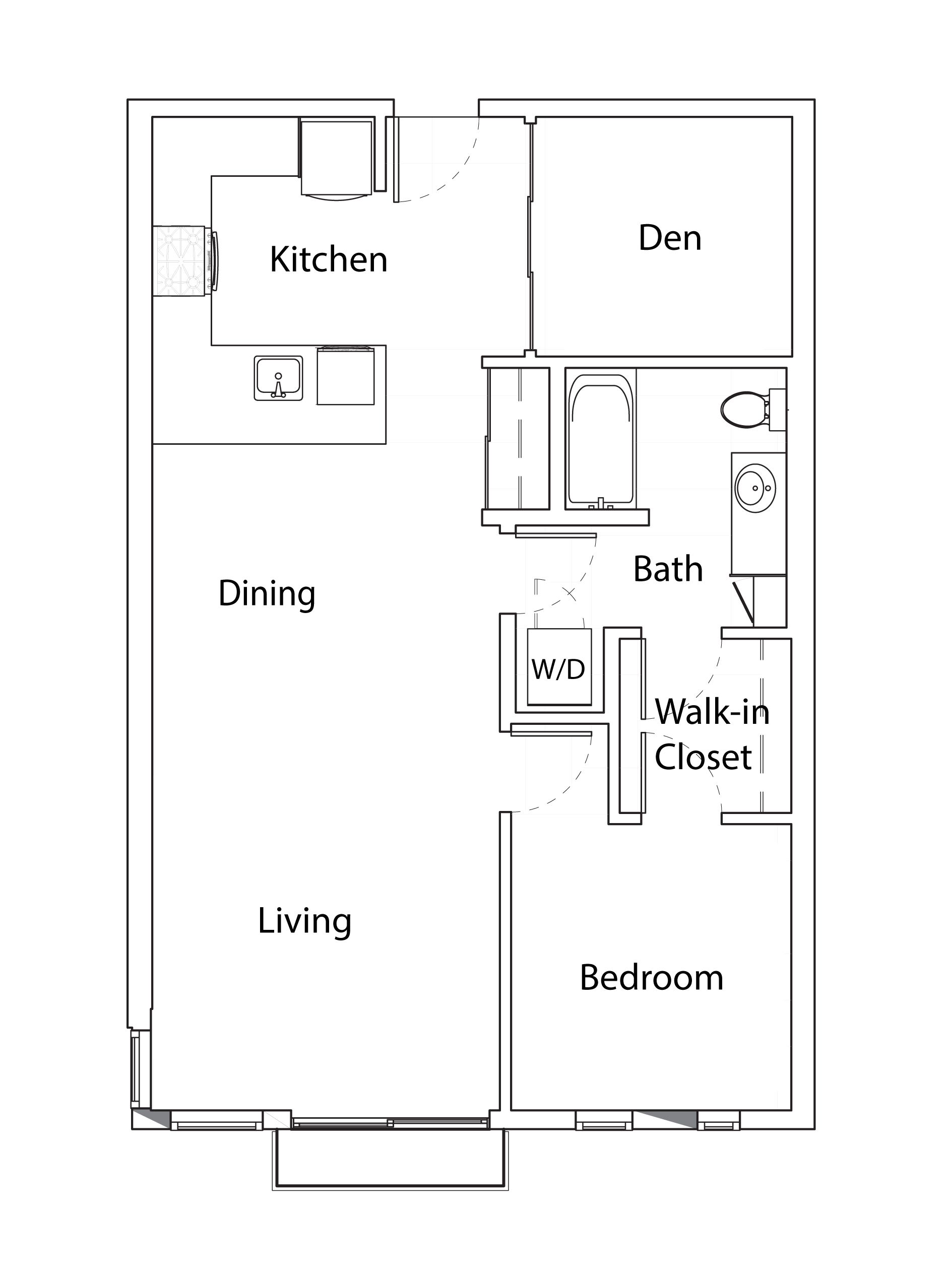 Black-and-white apartment floor plan with kitchen, dining, living room, bedroom, bath, and walk-in closet.
