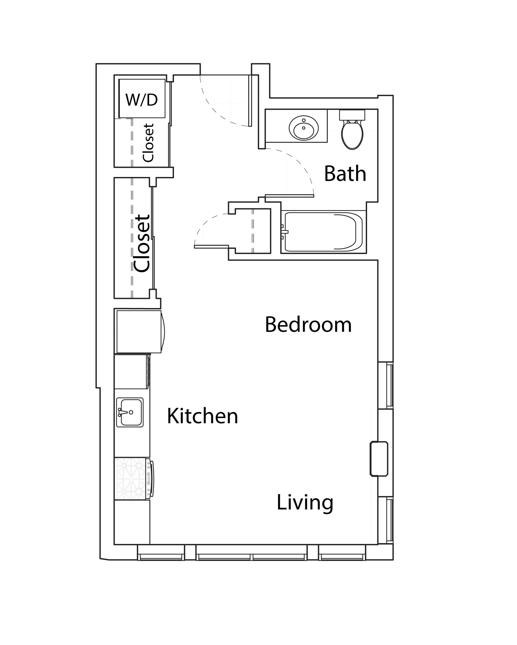 Black-and-white apartment floor plan labeled living, kitchen, bedroom, and bath.
