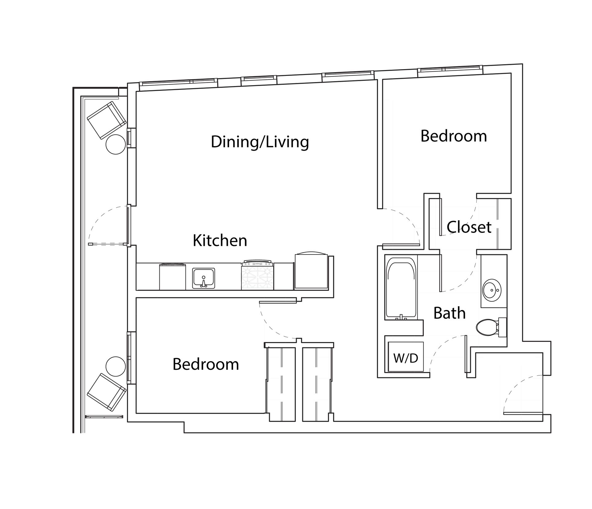 Black-and-white apartment floor plan with kitchen, dining/living area, two bedrooms, bath, closet, and W/D.