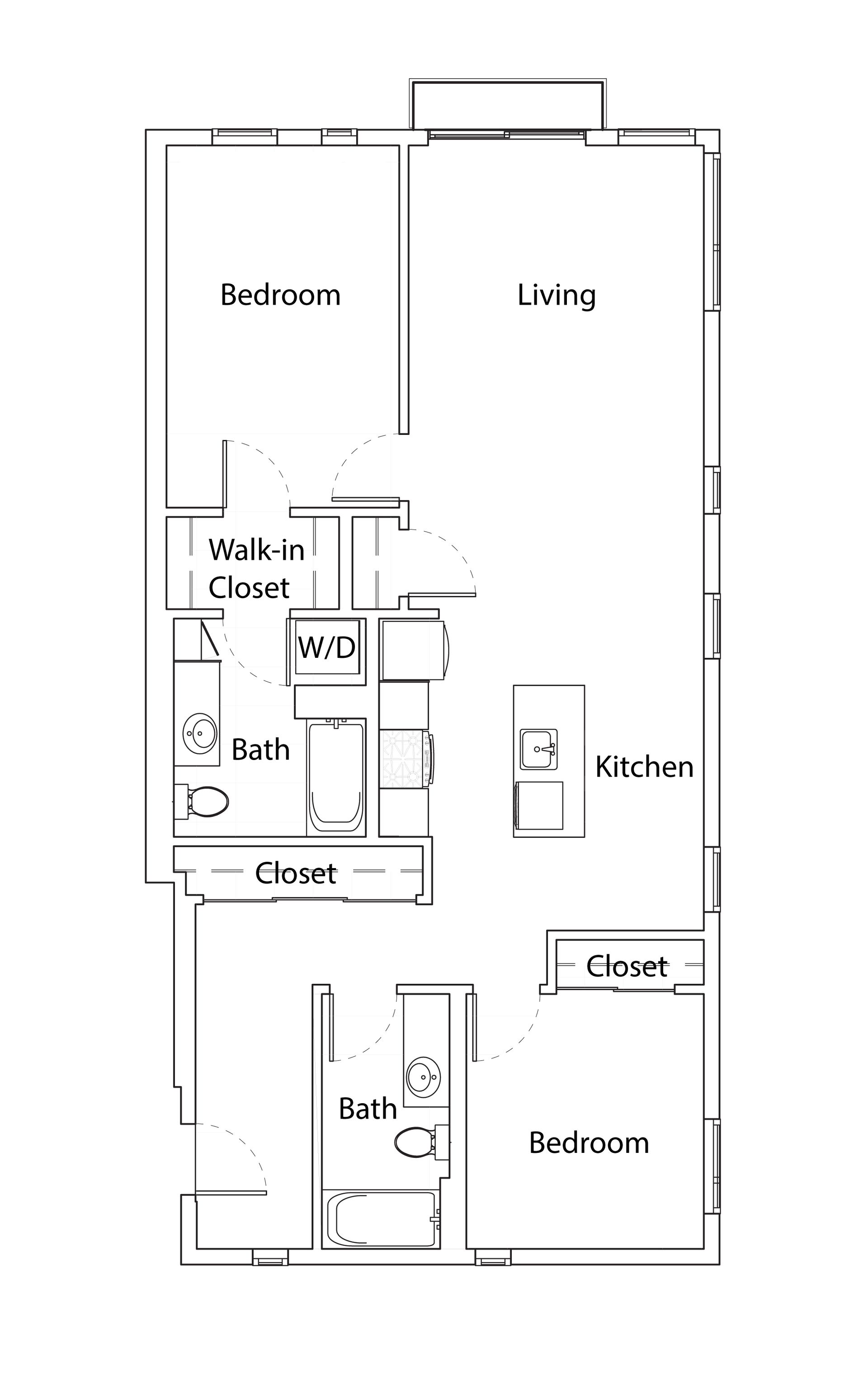 Black-and-white apartment floor plan with two bedrooms, living room, kitchen, bath, and closets.