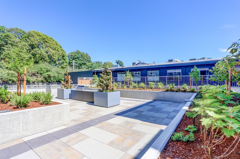 Modern landscaped courtyard with paved walkway, planters, and a low building under a blue sky