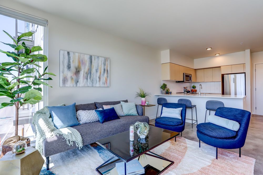 Bright modern living room with gray sofa, blue chairs, glass coffee table, and open kitchen.