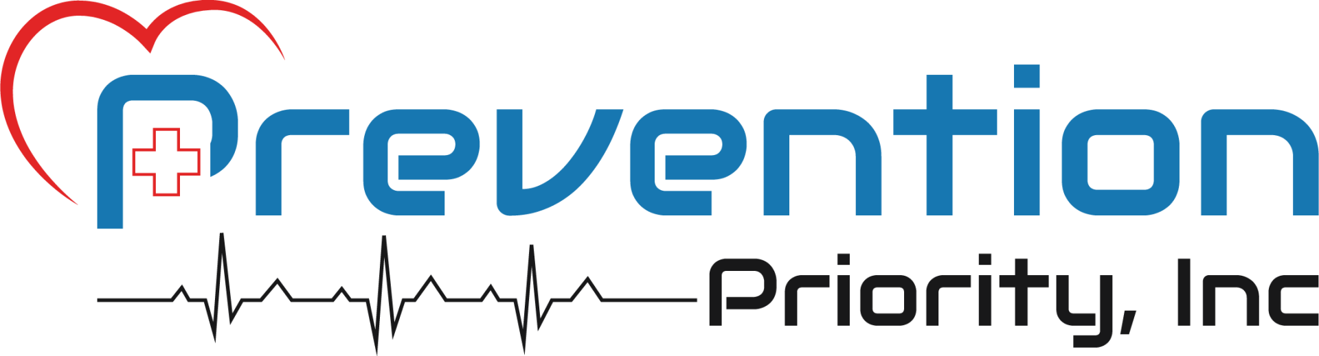 Logo for Prevention Priority, Inc. with a heart, medical cross, and EKG line.
