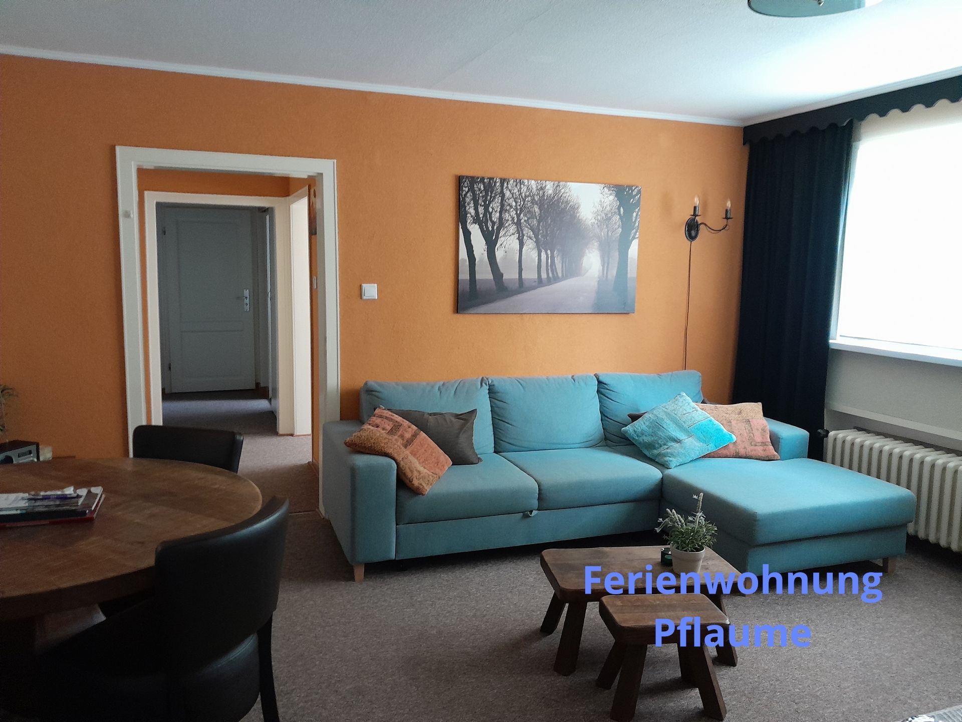 Woonkamer met blauwe bank, oranje muur en deuropening.