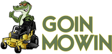 a logo for goin mowing with a crocodile on a lawn mower