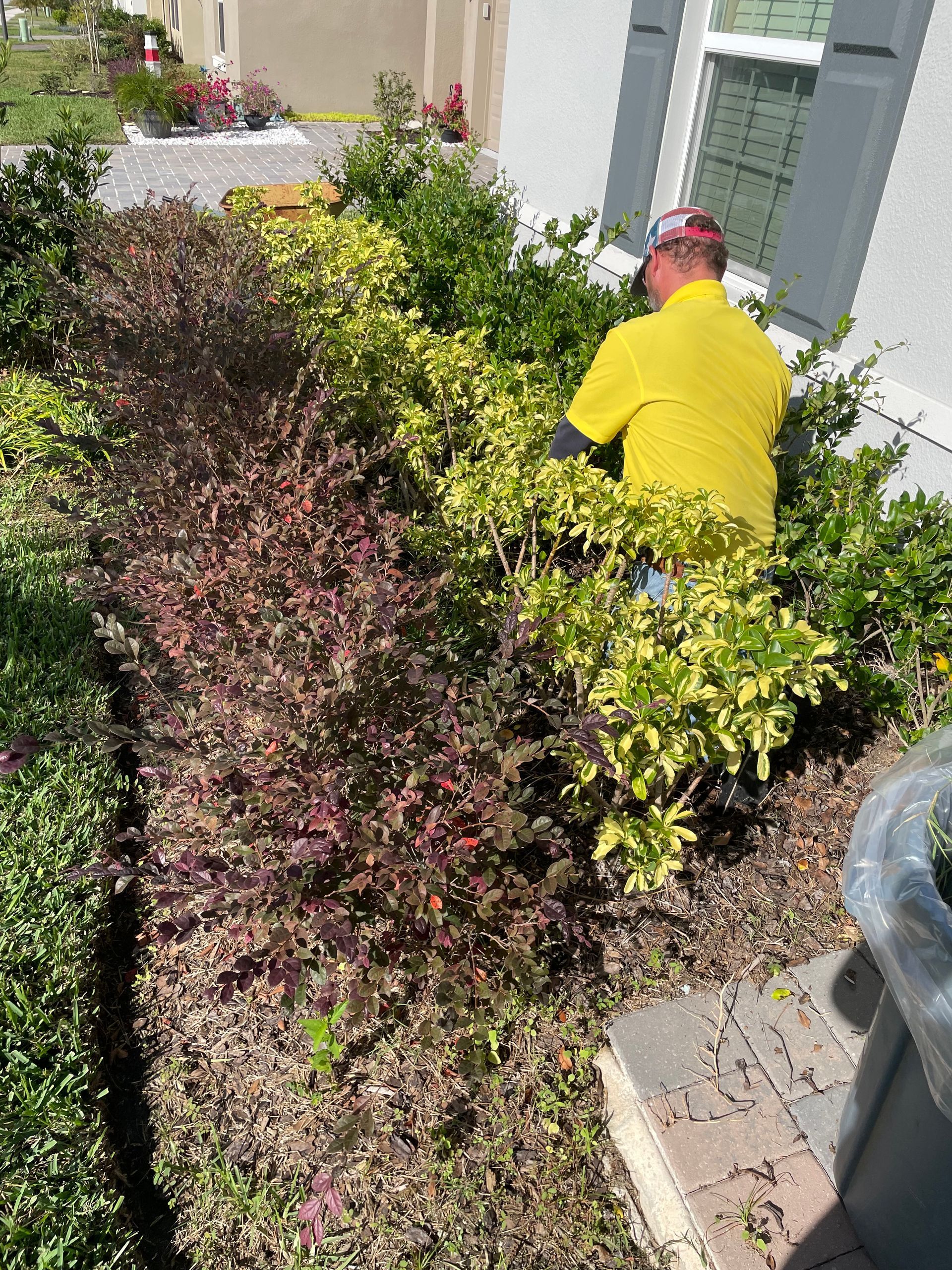 a man in a yellow shirt is working in a garden