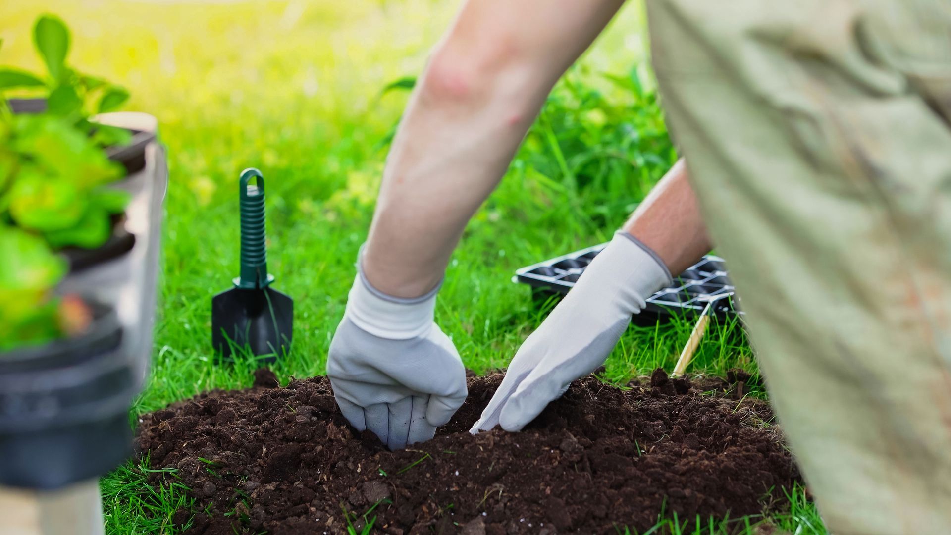 a person wearing white gloves is planting a plant