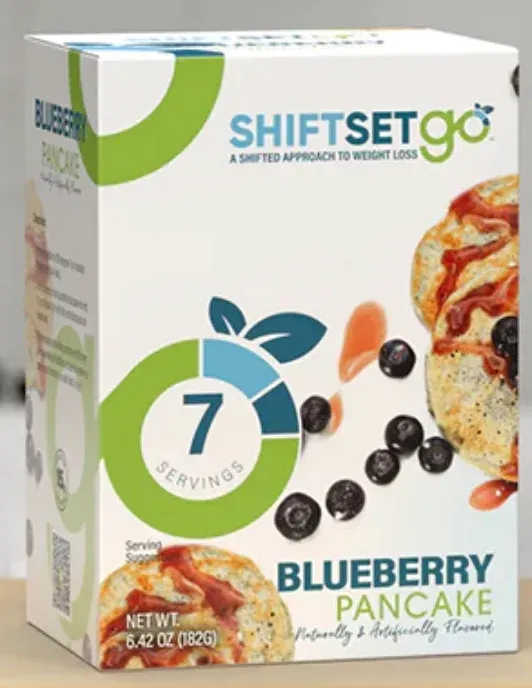 A box of blueberry pancake mix with 7 servings