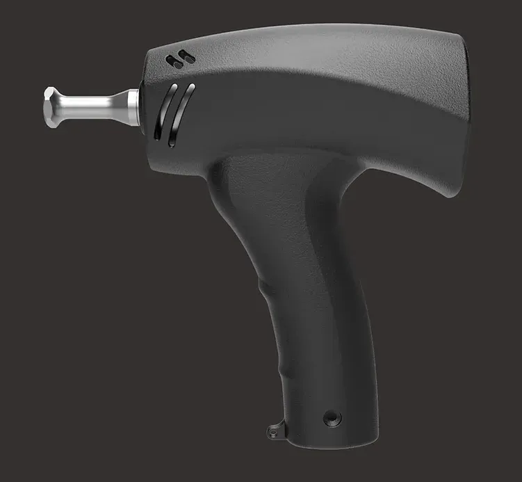 Black, handheld power tool with a silver end.