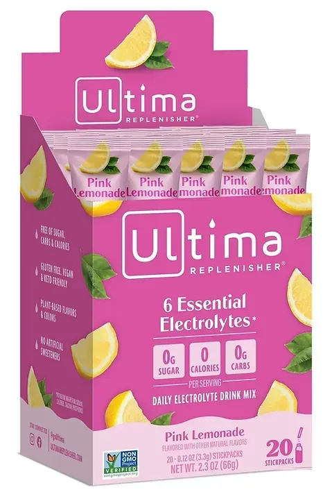 A box of ultima 6 essential electrolytes pink lemonade