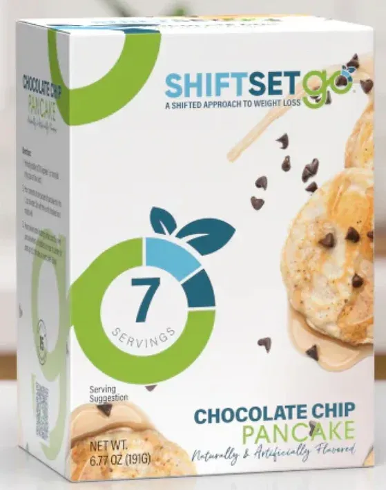 A box of chocolate chip pancake mix with 7 servings