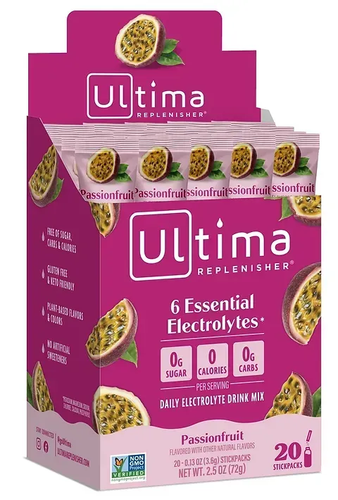 A box of 6 essential electrolytes in a passionfruit flavor.