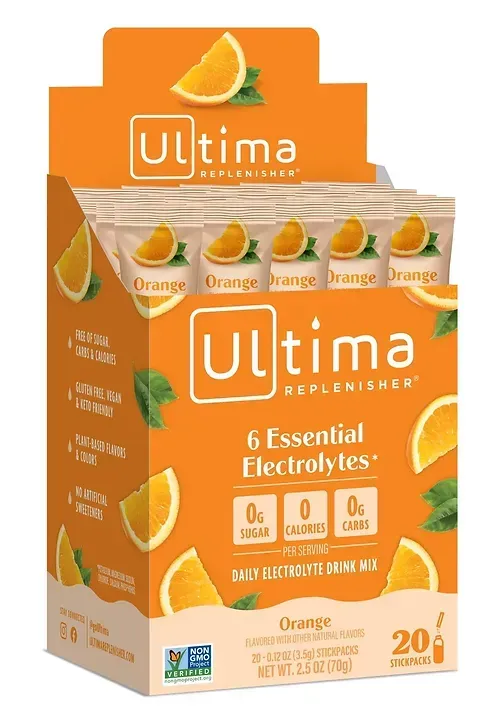 A box of ultima 6 essential electrolytes in orange flavor