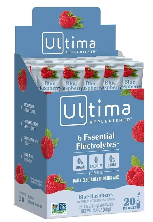 A box of ultima 6 essential electrolytes blue raspberry