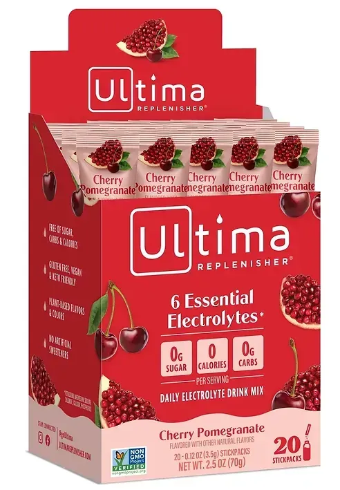 A box of ultima cherry pomegranate essential electrolytes