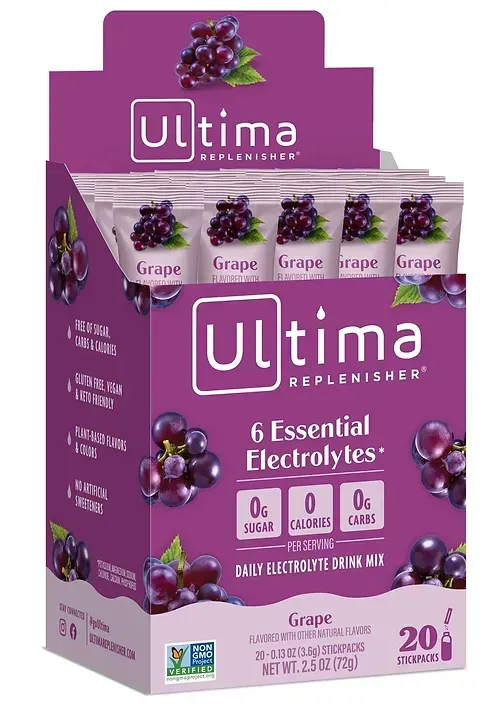 A box of 6 essential electrolytes in grape flavor.