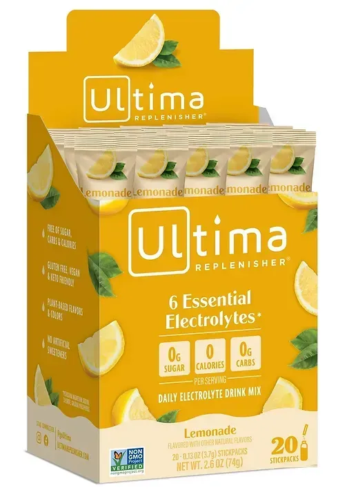 A box of ultima 6 essential electrolytes lemonade