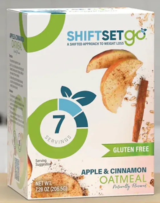 A box of shiftsetgo apple and cinnamon oatmeal