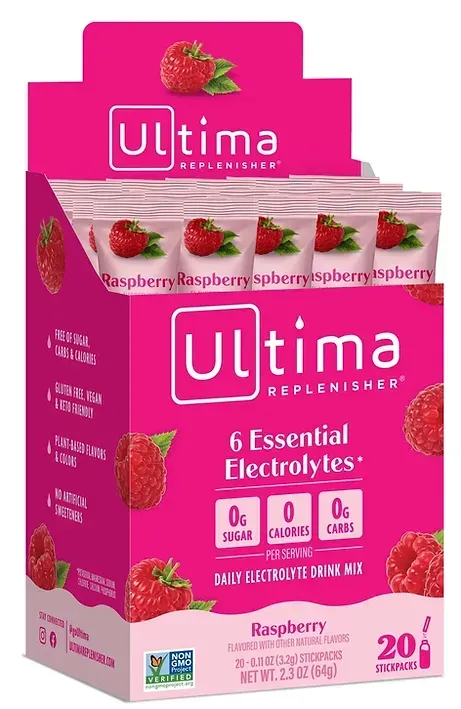 A box of ultima raspberry essential electrolytes