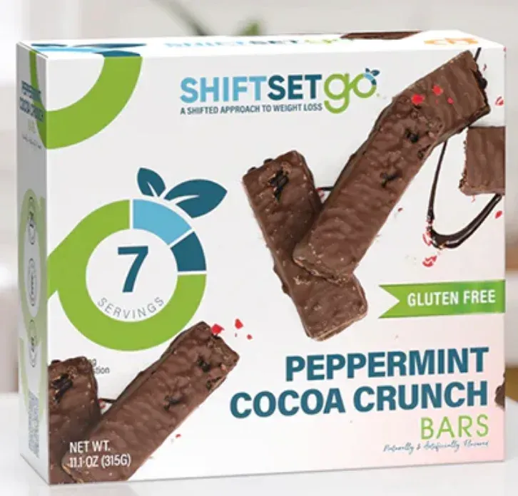 A box of shiftsetgo peppermint cocoa crunch bars