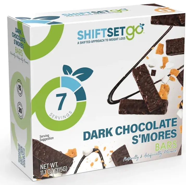 A box of dark chocolate s'mores bars