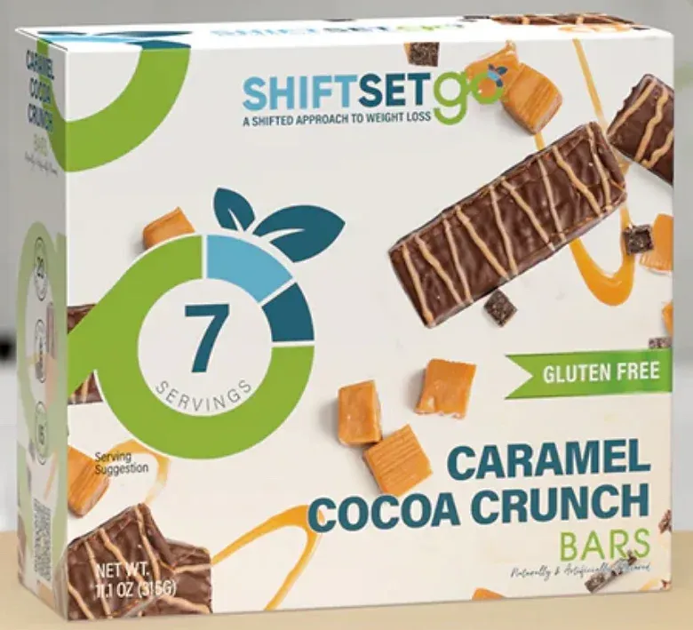 A box of caramel cocoa crunch bars with 7 servings