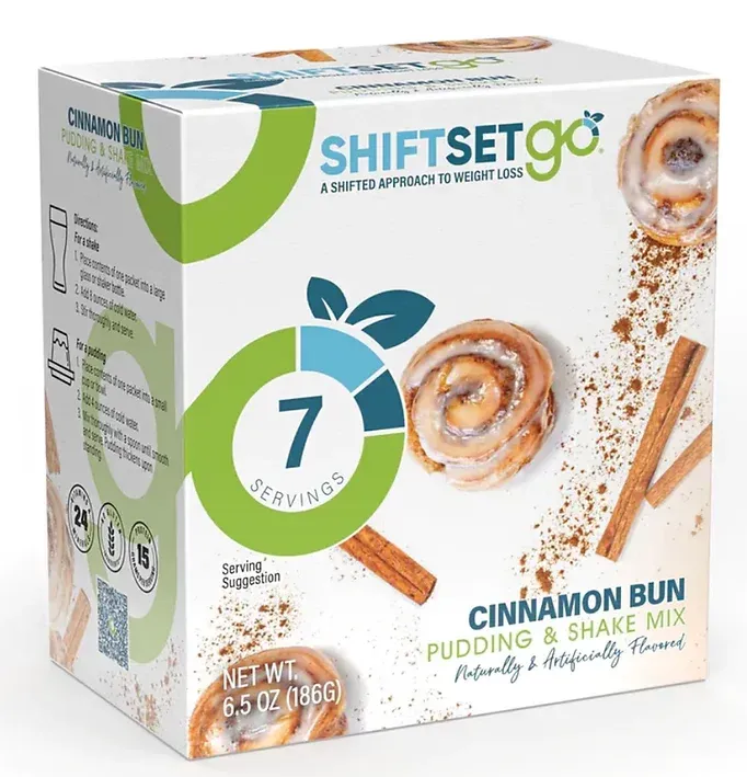 A box of cinnamon bun pudding and shake mix