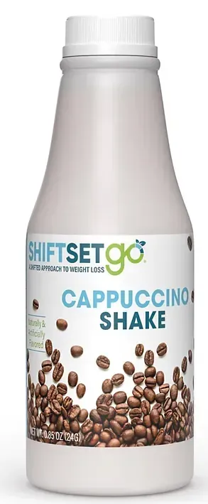 A bottle of cappuccino shake with coffee beans on the label.