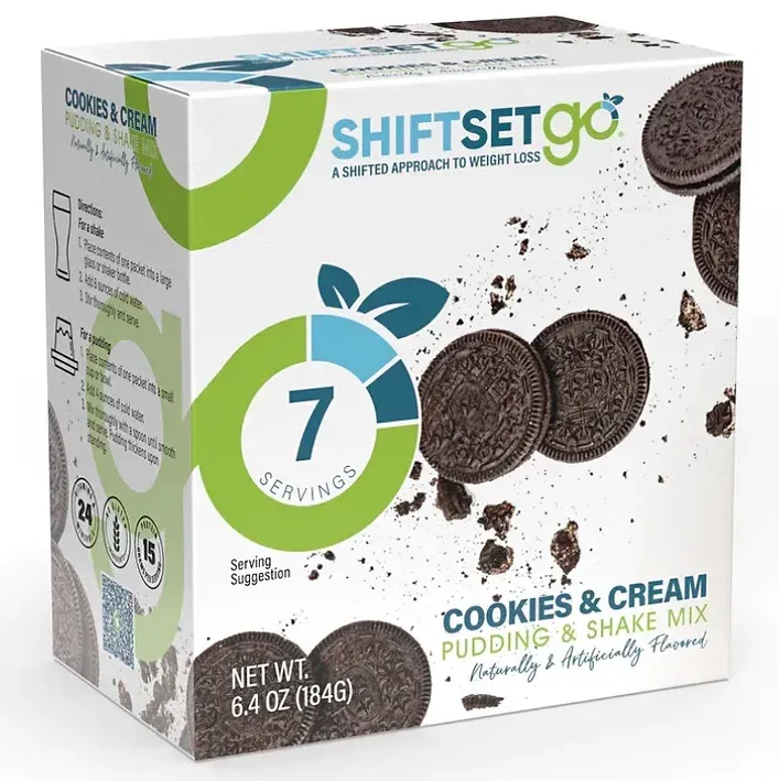 A box of cookies and cream pudding and shake mix