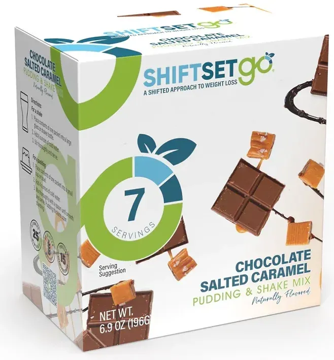 A box of chocolate salted caramel pudding and shake mix