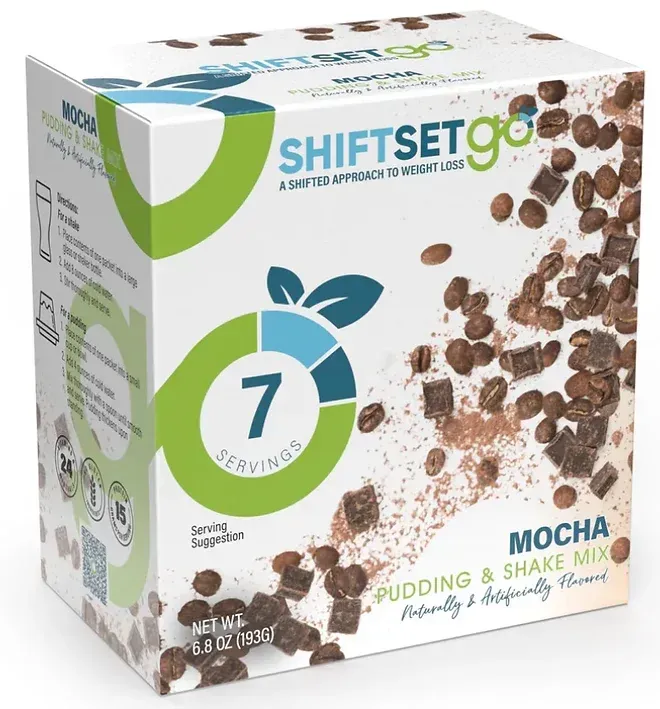 A box of shiftset go mocha pudding and shake mix