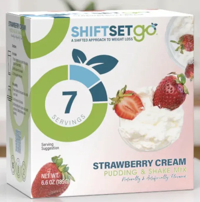 A box of strawberry cream pudding and shake mix