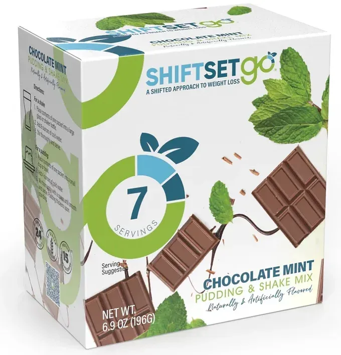 A box of chocolate mint pudding and shake mix