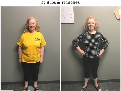 A before and after photo of a woman 's weight loss
